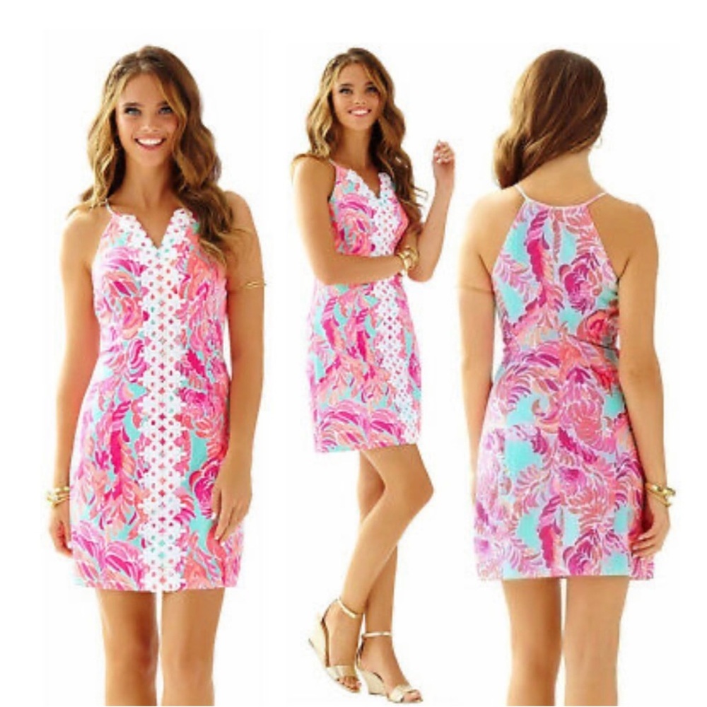 Lilly Pulitzer Pink and Green Floral Dress with Lace